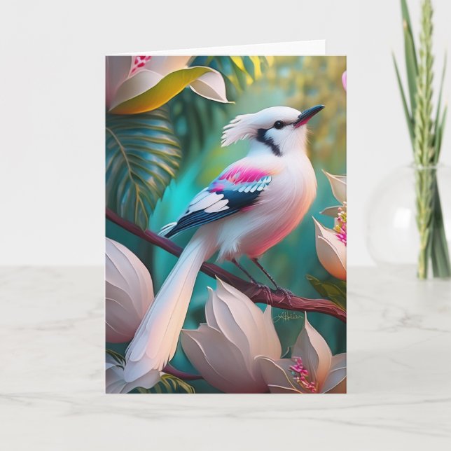 White Crested Blush Chested Fantasy Bird Card (Front)
