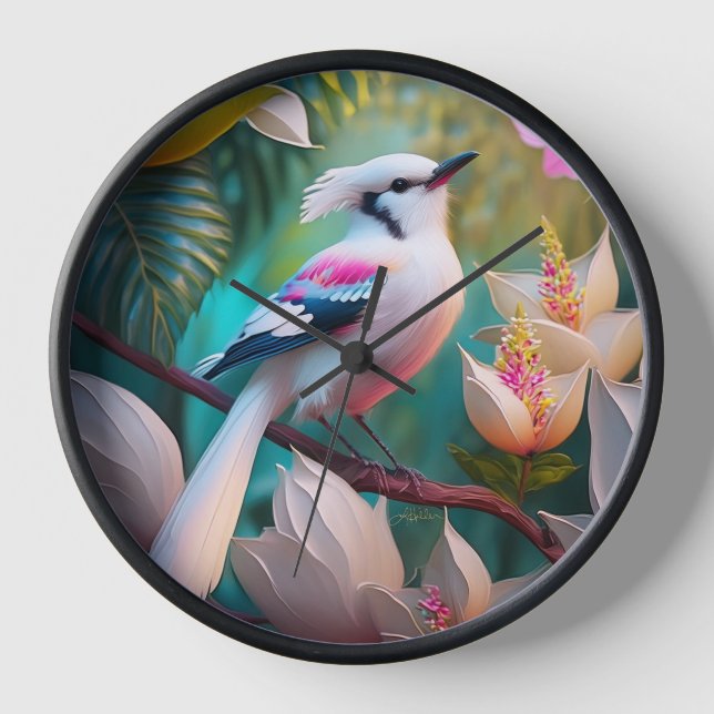 White Crested Blush Chested Fantasy Bird Clock (Front)