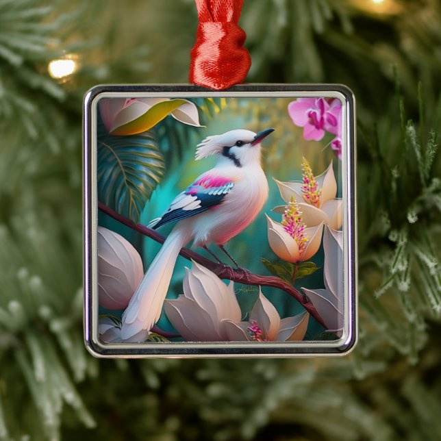 White Crested Blush Chested Fantasy Bird Metal Tree Decoration (Tree)