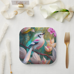 White Crested Blush Chested Fantasy Bird Paper Plate