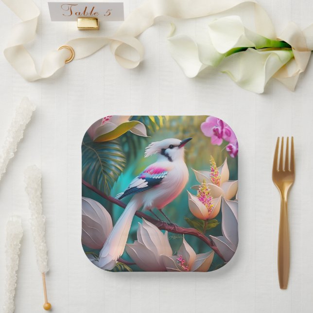 White Crested Blush Chested Fantasy Bird Paper Plate (Wedding)