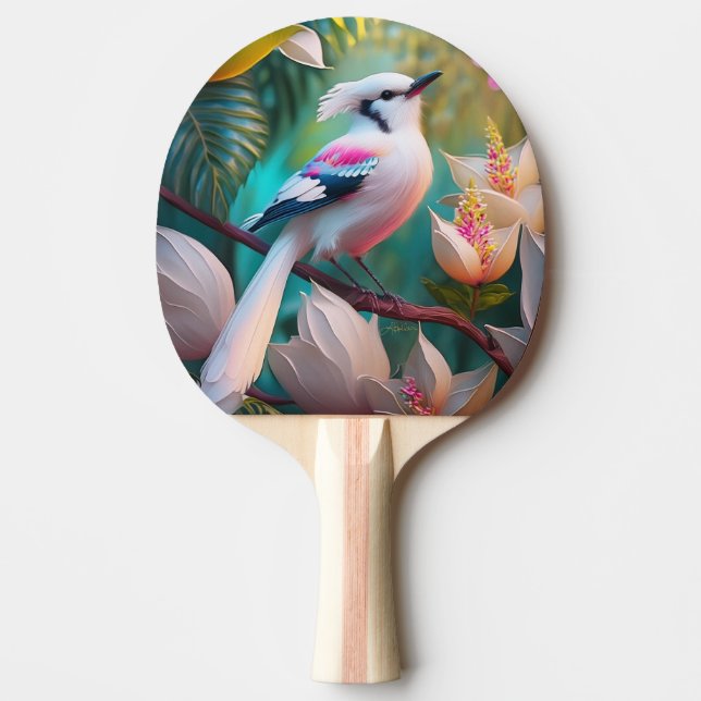White Crested Blush Chested Fantasy Bird Ping Pong Paddle (Front)