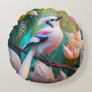 White Crested Blush Chested Fantasy Bird Round Cushion