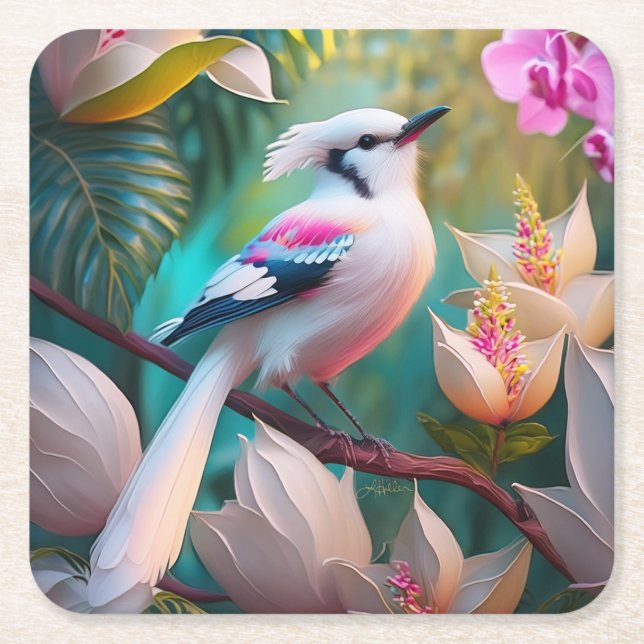 White Crested Blush Chested Fantasy Bird Square Paper Coaster (Front)