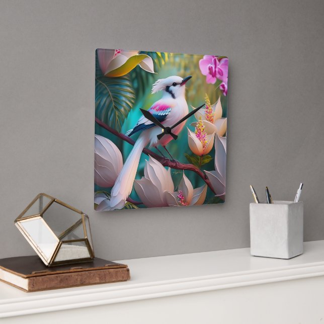 White Crested Blush Chested Fantasy Bird Square Wall Clock (Office)