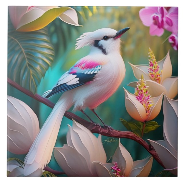 White Crested Blush Chested Fantasy Bird Tile (Front)