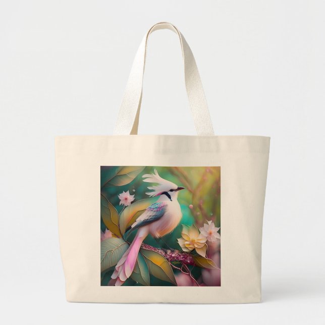 White Crested Blush Tail Jay Fantasy Bird Large Tote Bag (Front)