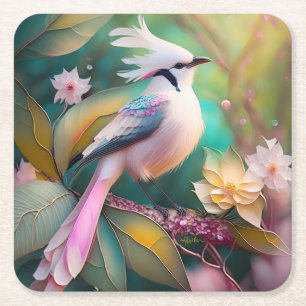 White Crested Blush Tail Jay Fantasy Bird Square Paper Coaster