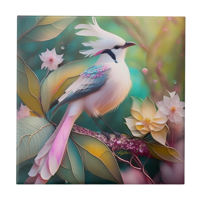 White Crested Blush Tail Jay Fantasy Bird Tile (Front)