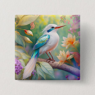 White Crested Iridescent Teal Wing Fantasy Bird 15 Cm Square Badge