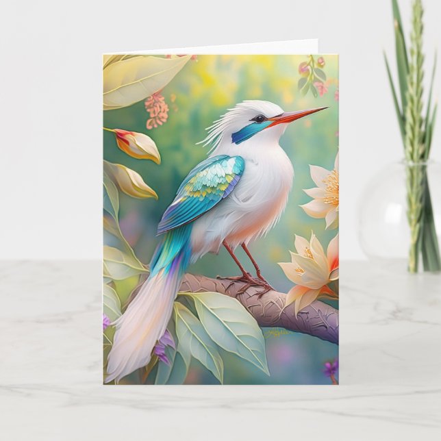 White Crested Iridescent Teal Wing Fantasy Bird Card (Front)