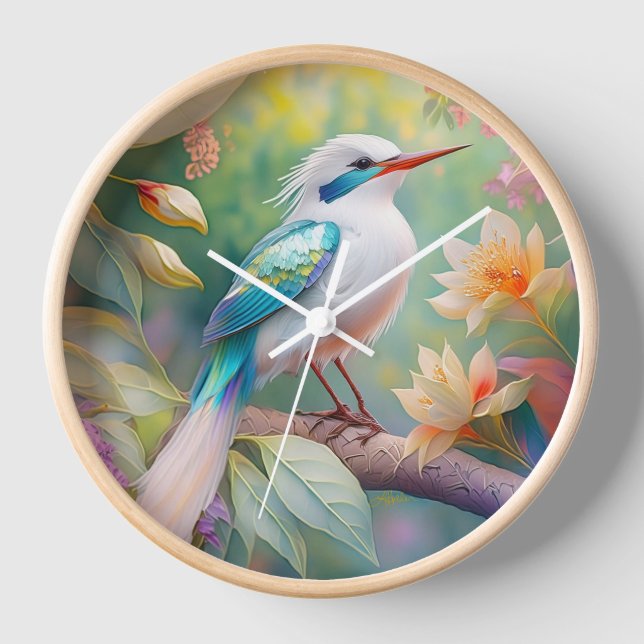 White Crested Iridescent Teal Wing Fantasy Bird Clock (Front)