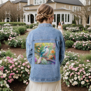 White Crested Iridescent Teal Wing Fantasy Bird Denim Jacket