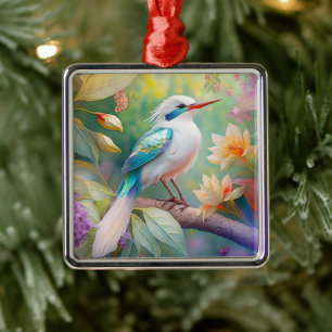 White Crested Iridescent Teal Wing Fantasy Bird Metal Tree Decoration