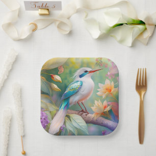 White Crested Iridescent Teal Wing Fantasy Bird Paper Plate