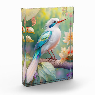 White Crested Iridescent Teal Wing Fantasy Bird Photo Block