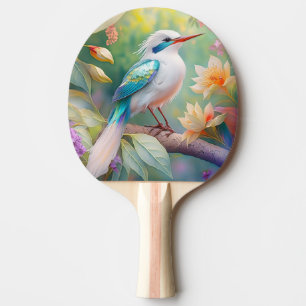 White Crested Iridescent Teal Wing Fantasy Bird Ping Pong Paddle