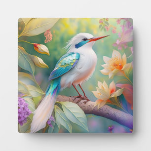 White Crested Iridescent Teal Wing Fantasy Bird Plaque