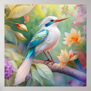 White Crested Iridescent Teal Wing Fantasy Bird Poster