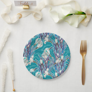White Crocuses Spring Flower Floral Pattern Teal Paper Plate