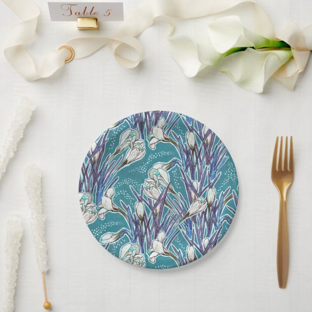 White Crocuses Spring Flower Floral Pattern Teal Paper Plate (Wedding)