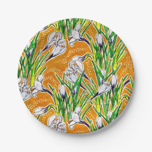White Crocuses Spring Flower Floral Pattern Yellow Paper Plate