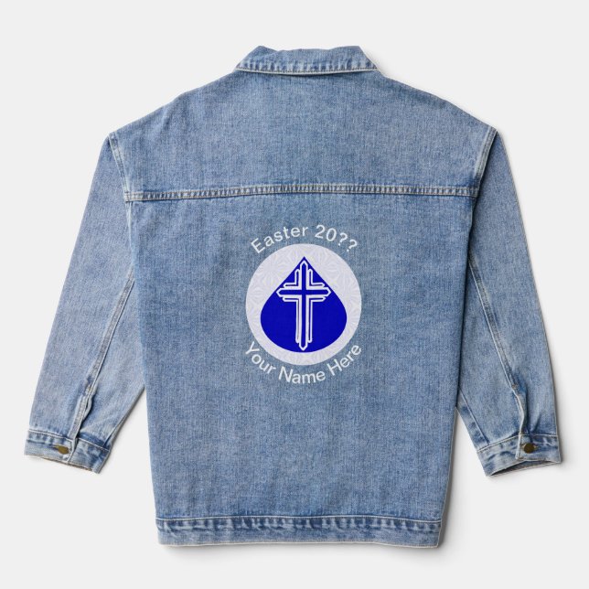 White Cross Blue Teardrop Easter Personalised Denim Jacket (Back)