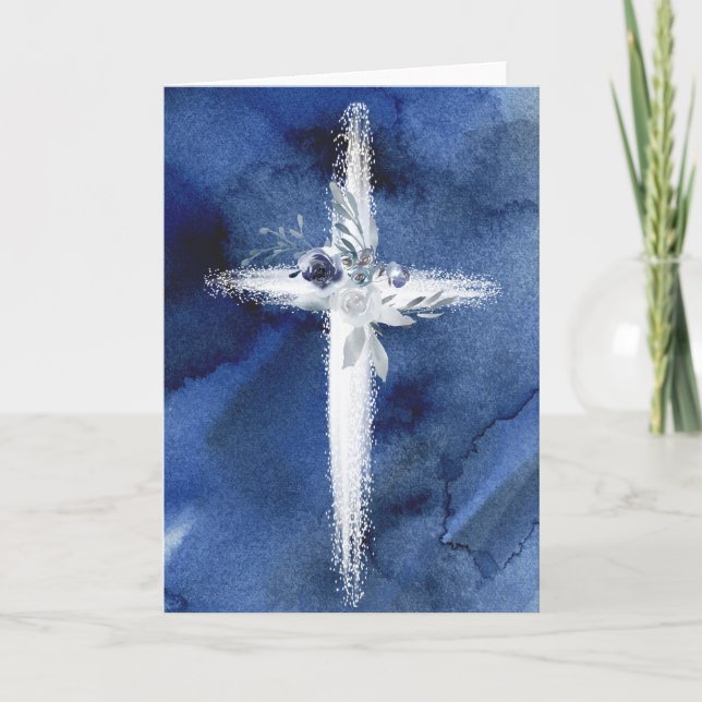 White Cross blue watercolor card (Front)