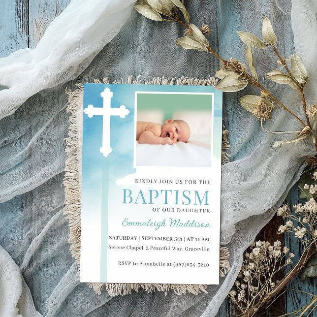 White Cross Blue Watercolor Photo Baptism Invitation (Creator Uploaded)