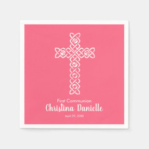 White Cross Bright Pink 1st Communion Religious Napkin