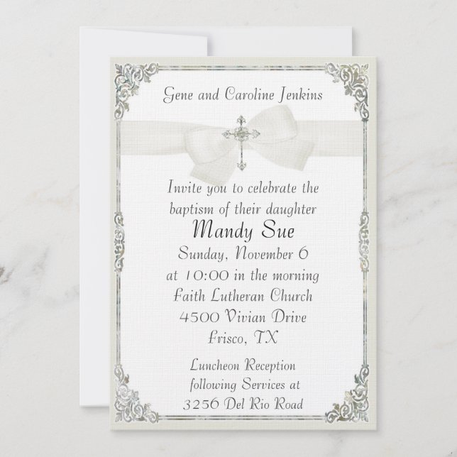 White Cross Elegant Baptism Invitation (Front)
