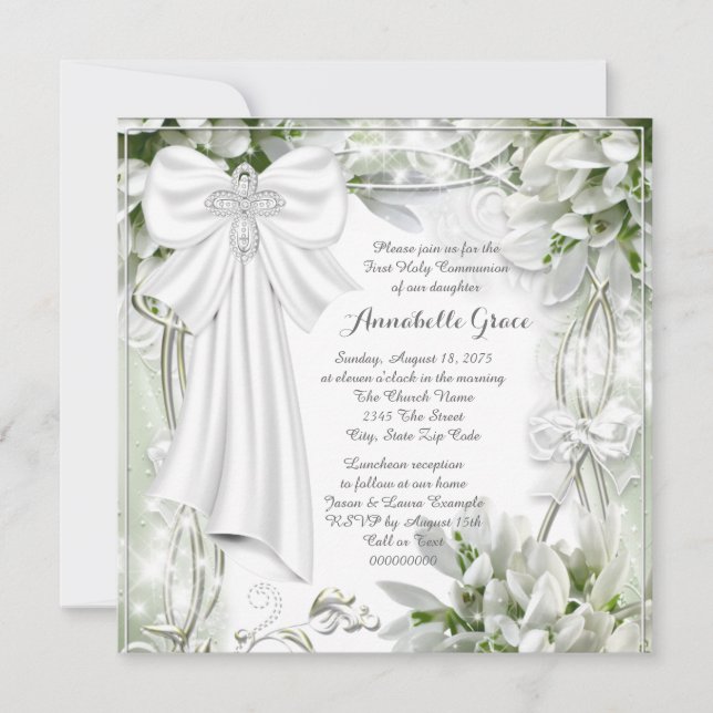 White Cross Floral First Communion Invitation (Front)