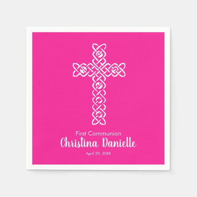White Cross Hot Pink Communion Baptism Christening Napkin (Front)
