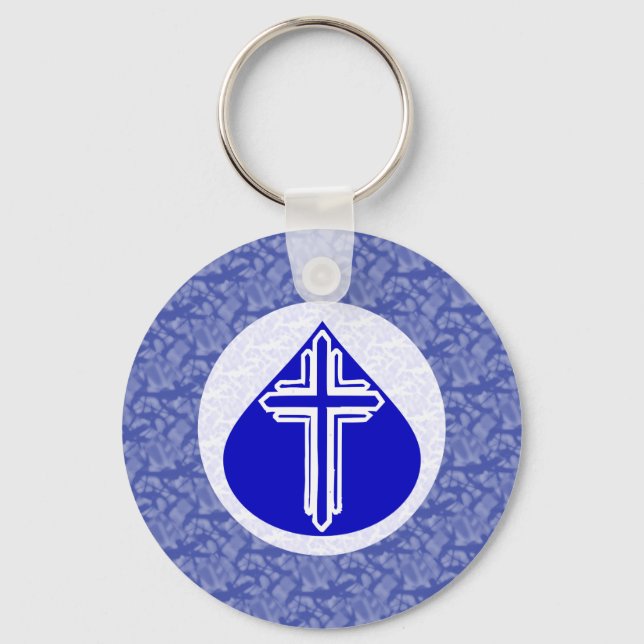 White Cross in Blue Teardrop Blue Background Key Ring (Front)