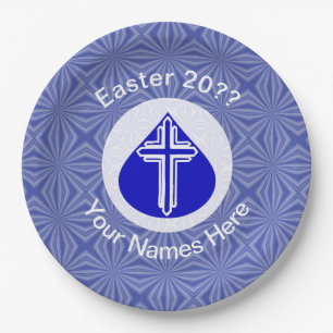 White Cross in Blue Teardrop Easter Personalised  Paper Plate