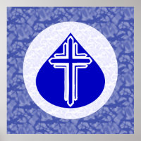 White Cross in Blue Teardrop on Blue and White