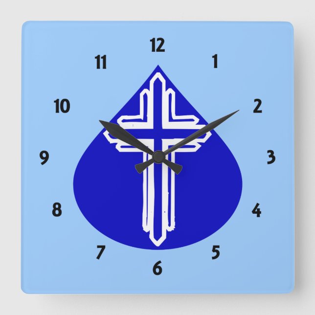 White Cross on Blue Teardrop design Square Wall Clock (Front)