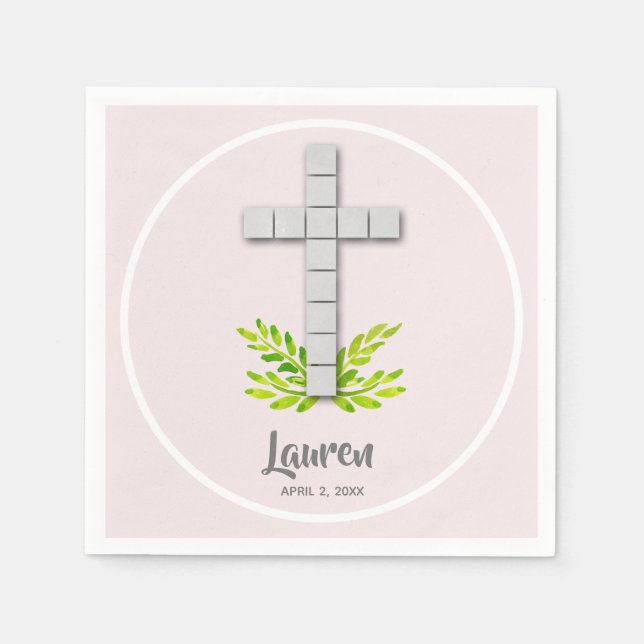 White Cross on Pink First Communion Napkins (Front)