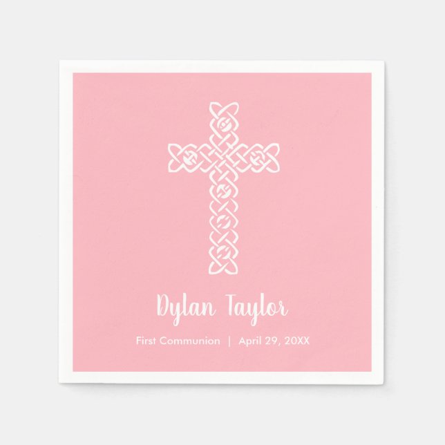 White Cross Pink First Communion Napkin (Front)