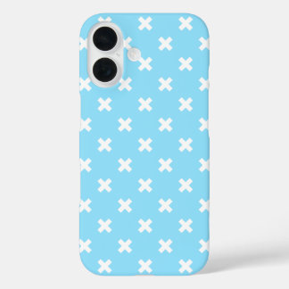 White cross stitches on baby blue iPhone 16 case
