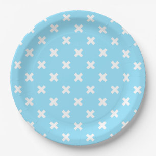 White cross stitches on baby blue paper plate
