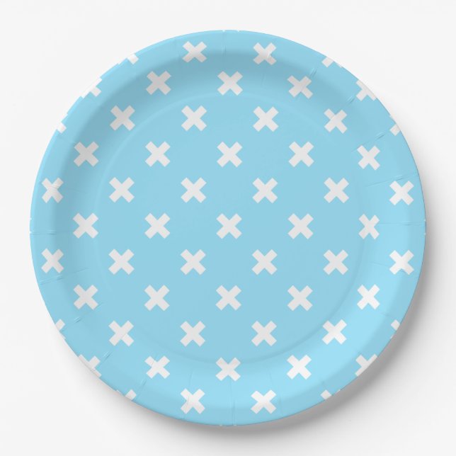 White cross stitches on baby blue paper plate (Front)