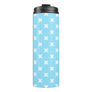 White cross stitches on baby blue thermal tumbler