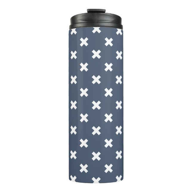 White cross stitches on blue-gray thermal tumbler (Front)