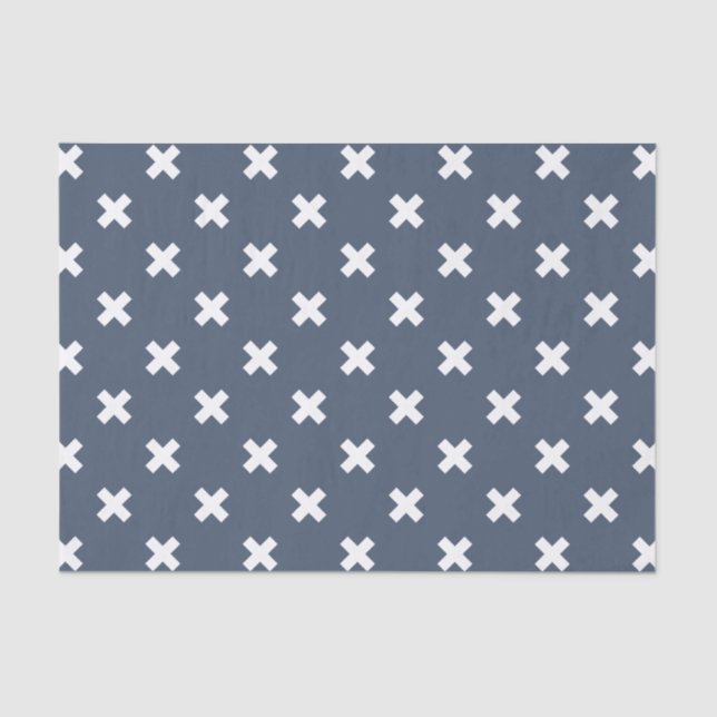 White cross stitches on blue-gray tissue paper (Front)