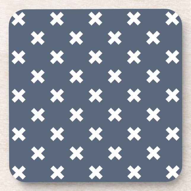 White cross stitches on blue-grey coaster (Front)