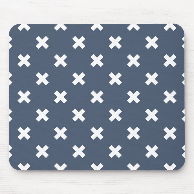 White cross stitches on blue-grey mouse pad (Front)