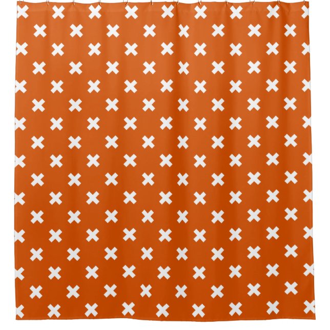 White cross stitches on burnt orange shower curtain (Front)