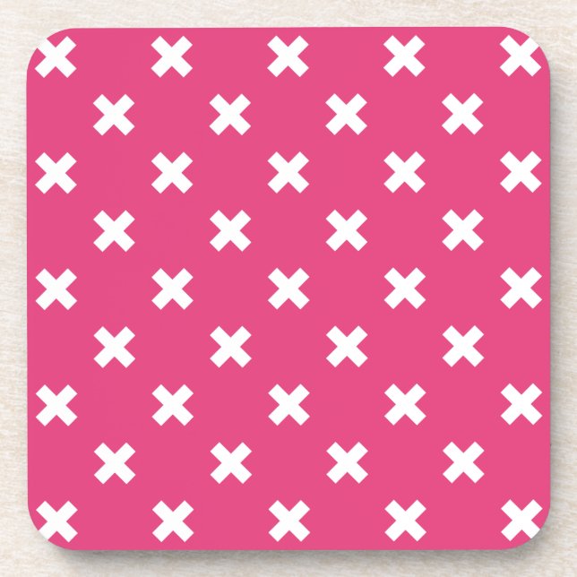 White cross stitches on fuchsia coaster (Front)