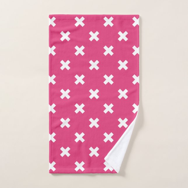 White cross stitches on fuchsia hand towel (Hand Towel)
